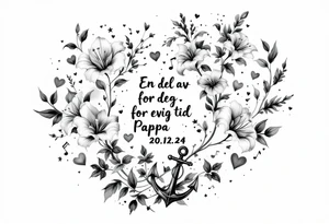 «En del av deg for evig tid
Pappa 20.12.24» Surrounded by long gladiolus, hearts, notes and an anchor.
Make it small tattoo idea