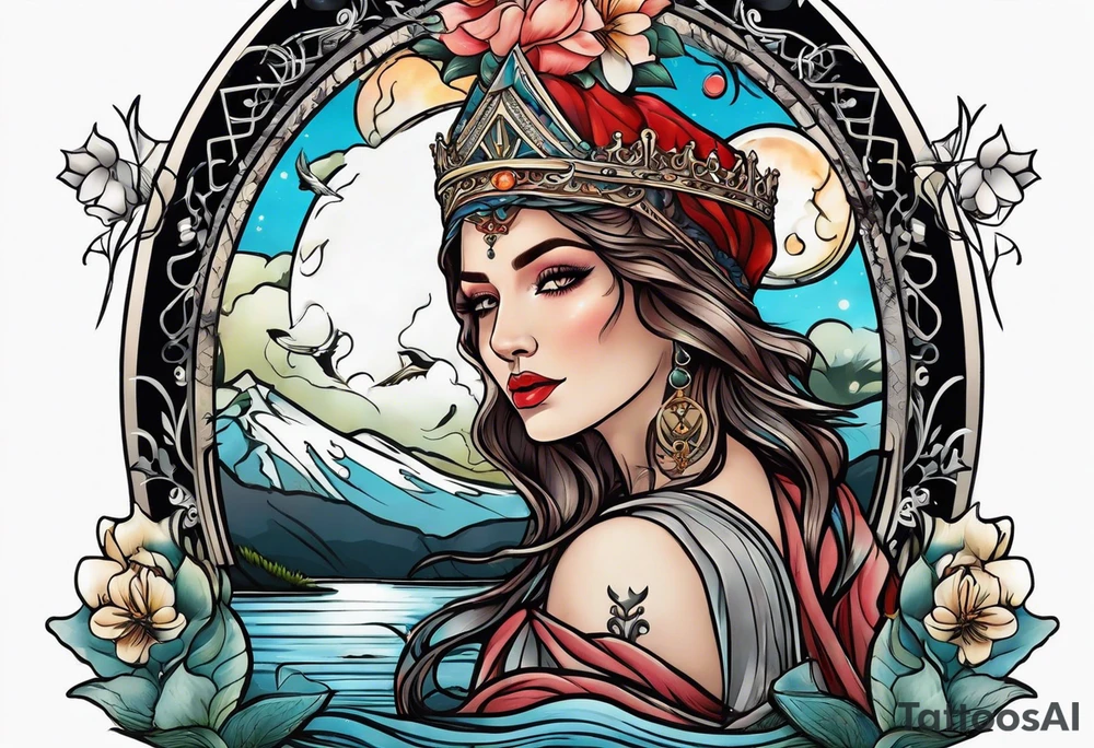 Lady of the lake in a tarot card design tattoo idea