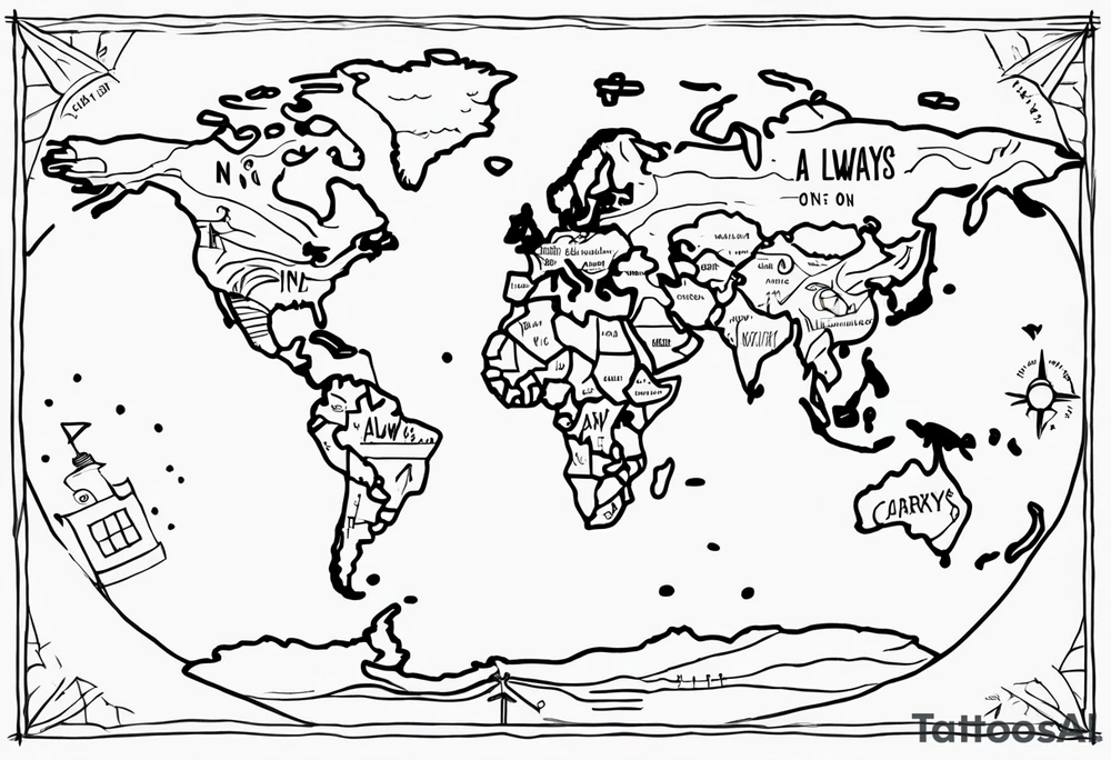 A hand drawn line map of the world, featuring a compass design of n, s, e and w - and incorporating the line "Always Carry On" tattoo idea