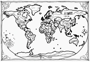 A hand drawn line map of the world, featuring a compass design of n, s, e and w - and incorporating the line "Always Carry On" tattoo idea