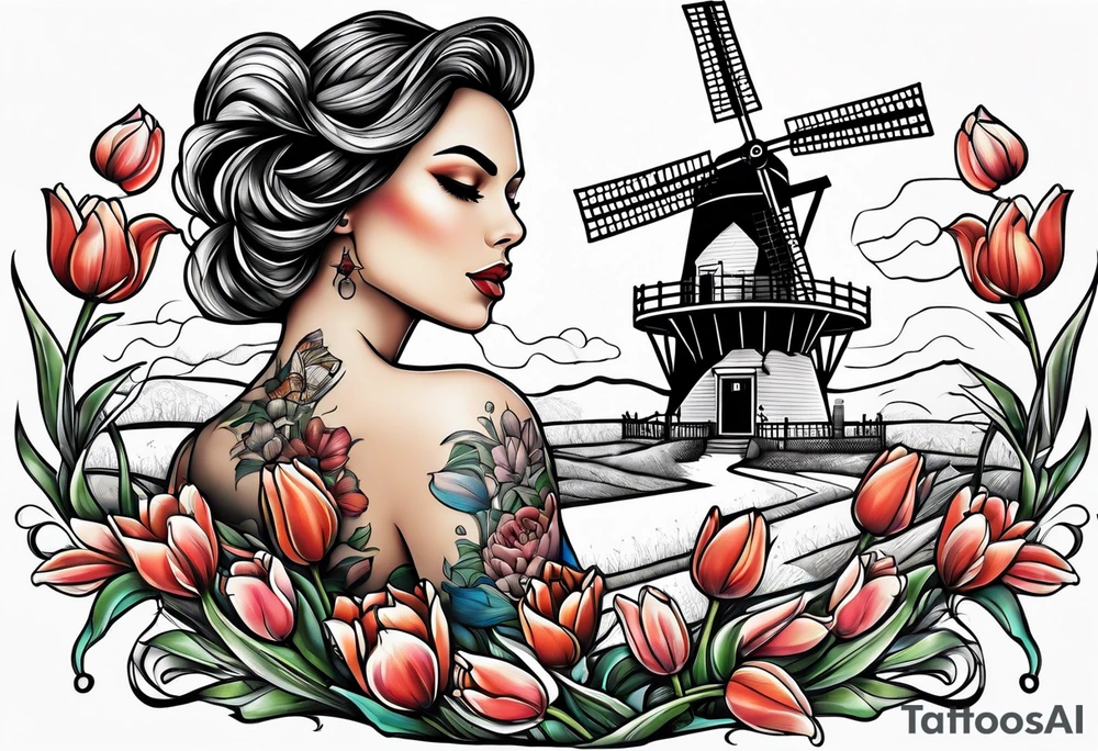 windmill and tulips and kissing couple tattoo idea