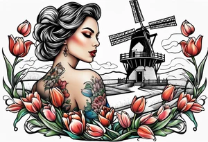 windmill and tulips and kissing couple tattoo idea