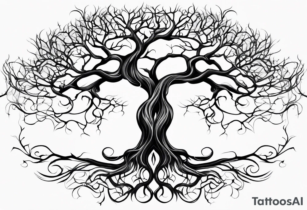 twisted leafless tree with long roots and branches stencil for chest and collar bone. symmetrical tattoo idea