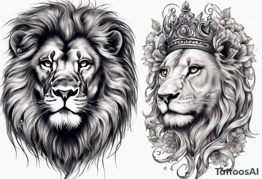 One Face , left part of it Lion right part of it godess tattoo idea