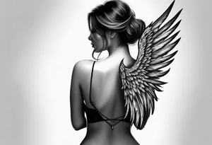 female back tattoo.  one angel wing and one devil wing tattoo idea