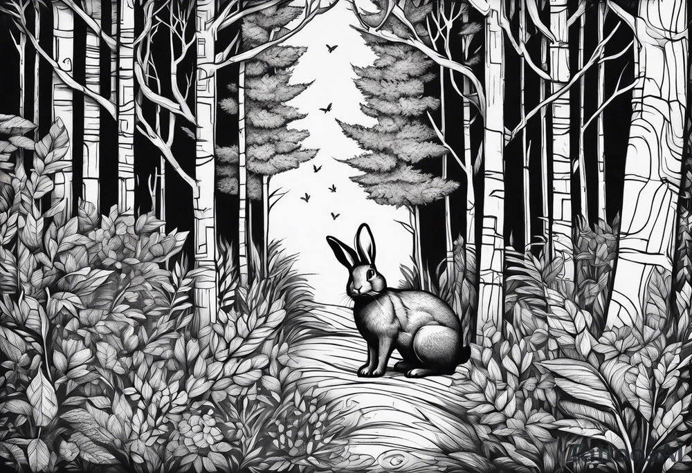 Dense forest with a rabbit between the trees tattoo idea
