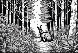 Dense forest with a rabbit between the trees tattoo idea