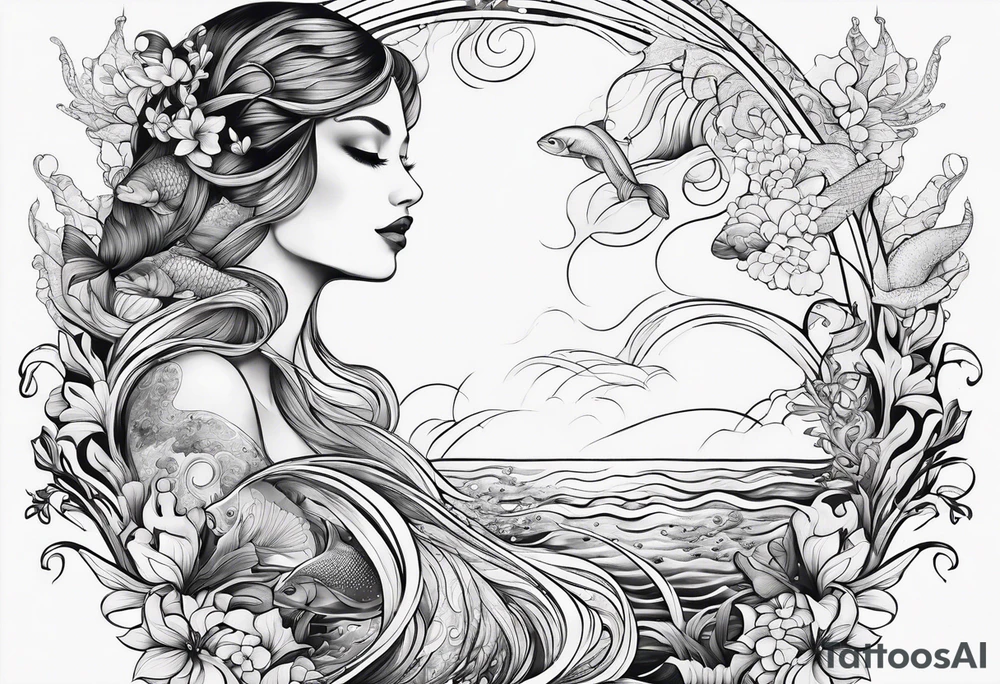 Ocean creatures feminine cascading upwards tattoo idea