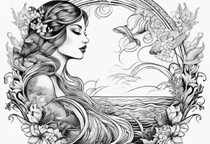 Ocean creatures feminine cascading upwards tattoo idea