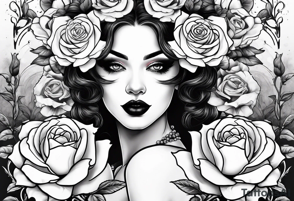 mime girl in white dress surrounded by roses tattoo idea