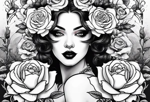 mime girl in white dress surrounded by roses tattoo idea