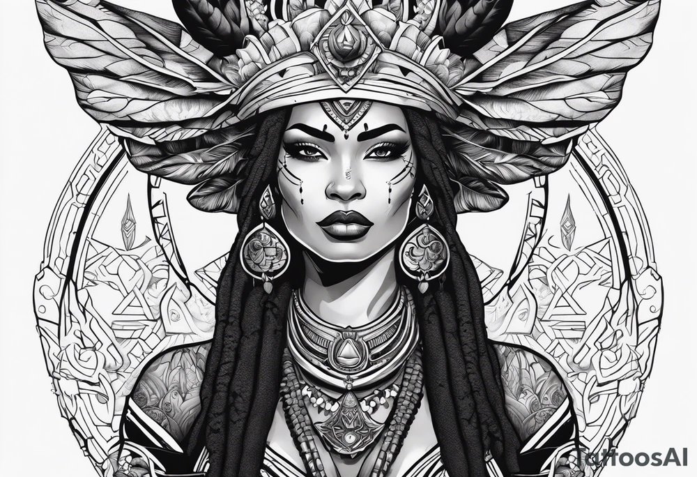 valkrye, kali, pirate, african goddess, , warrior, native american, lotus, zenza resonance, skulls, dragon, pachamama, left side face, chest, right wing, tattoo idea