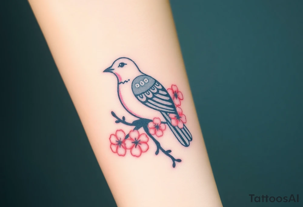 A collared dove perched on a blooming branch of cherry blossoms, with soft pink and white flowers, and the dove in gray with subtle blue accents, symbolizing renewal and peac tattoo idea
