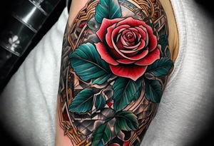 Blend roses and digital circuitry for an arm sleeve tattoo idea