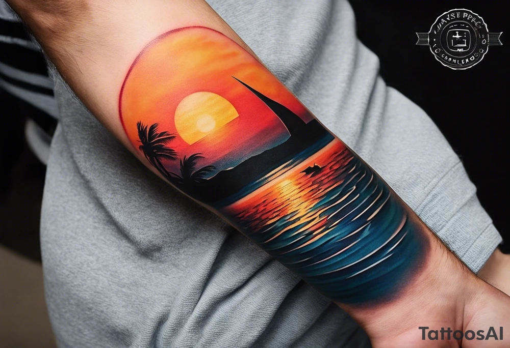 This is an extremely simple and minimalistic tattoo on male forearm. The tattoo covers the forearm lengthwise and is not tall or round. From the perspective of being on the ocean, Water is calm, with no waves in sight, the sun is setting behind the ocean, reflecting light onto the ocean. tattoo idea