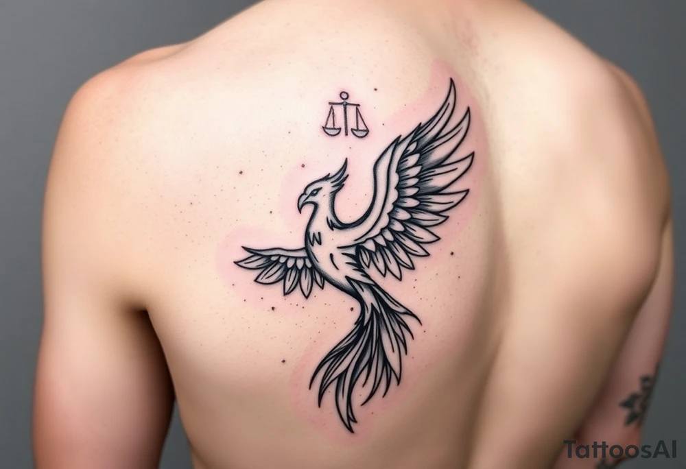 Side arm tattoo with the phoenix rising from the ashes linked with libra sign and based on discipline and the help of God.Geometric and abstract style tattoo idea