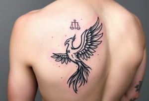 Side arm tattoo with the phoenix rising from the ashes linked with libra sign and based on discipline and the help of God.Geometric and abstract style tattoo idea