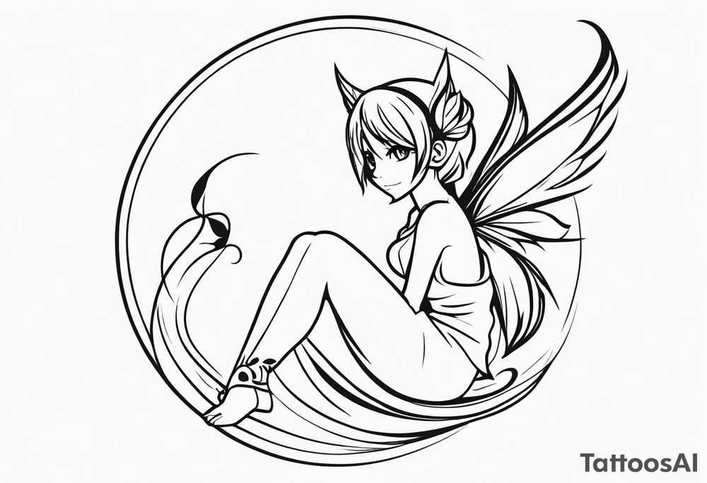 A fairy with a tail inspired by the logo of the show called Fairy Tail in a fetal position tattoo idea