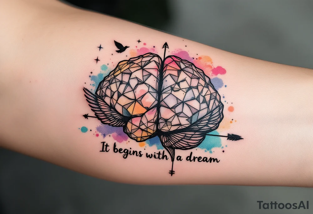 Tattoo inspired in the gifted brain in geometric and straight lines, with few watercolor details but mostly black, symbols representing intelligence, creativity and dreaming flying arround, the phrase "It begins with a dream", raven wings behind, and an arrow crossing from above, and watercolors leaking of it tattoo idea