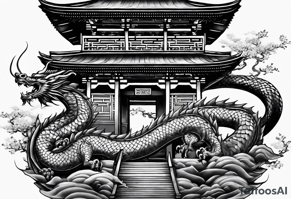 Tatto the Dragón and samurai in zen circule, tori gate tattoo idea