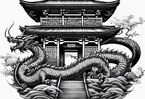 Tatto the Dragón and samurai in zen circule, tori gate tattoo idea