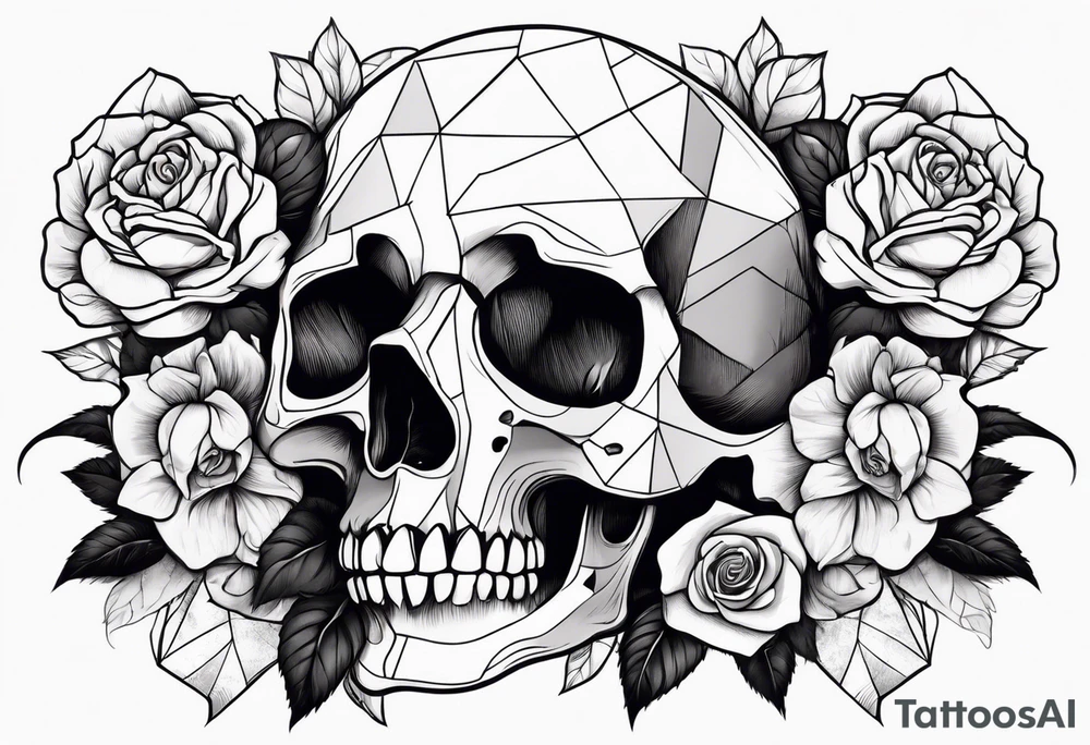 A sad skull in the middle surrounded by rose flowers dark theme tattoo idea