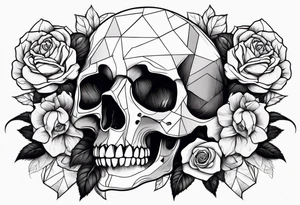 A sad skull in the middle surrounded by rose flowers dark theme tattoo idea