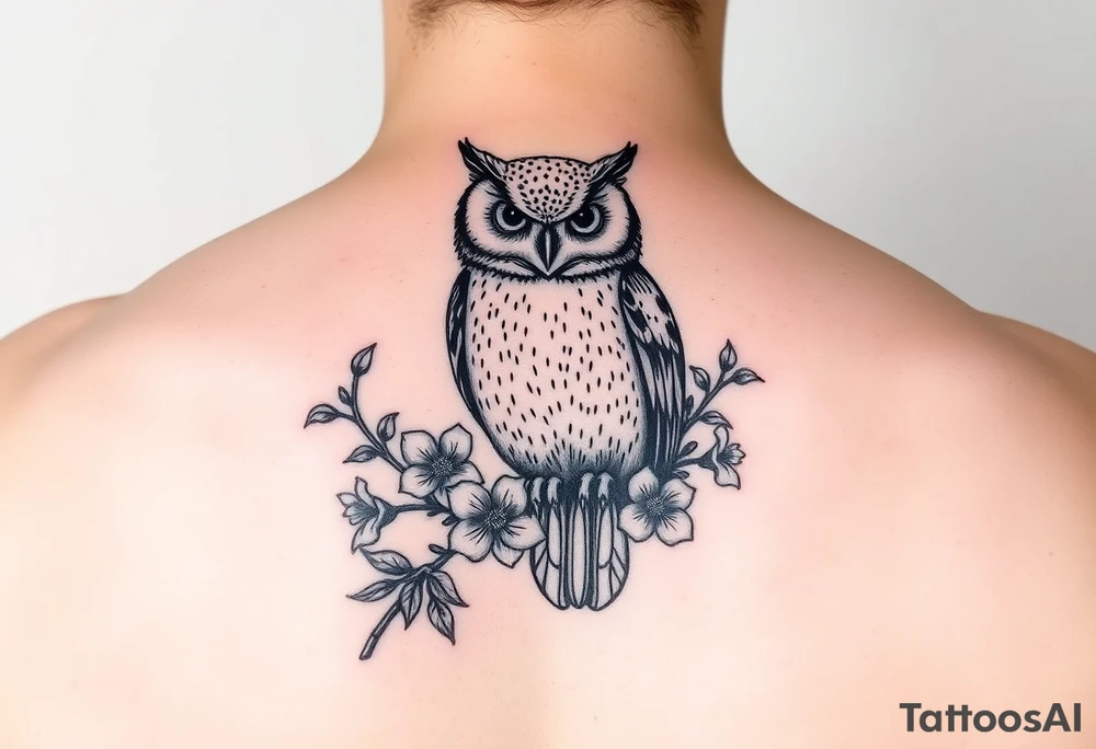 Owl sitting on a branch of violets tattoo idea