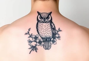 Owl sitting on a branch of violets tattoo idea