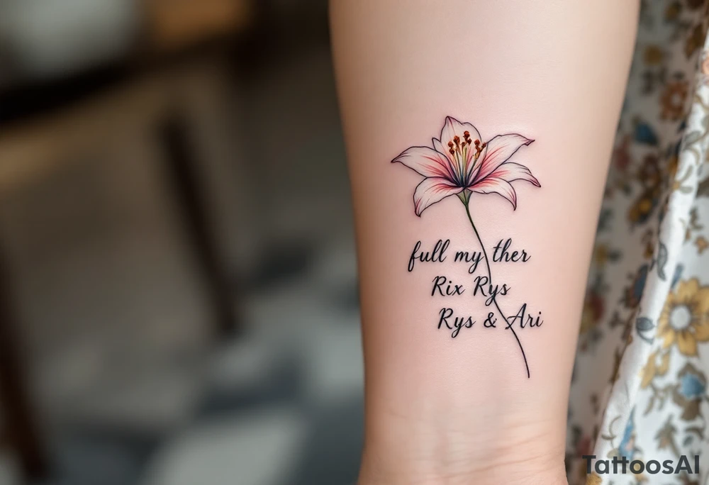 Stargazer Lilly full flower
with these words on stem in cursive (Rix Rys & Ari) long elegant stem with subtle shadowing through drawing in pink hues tattoo idea