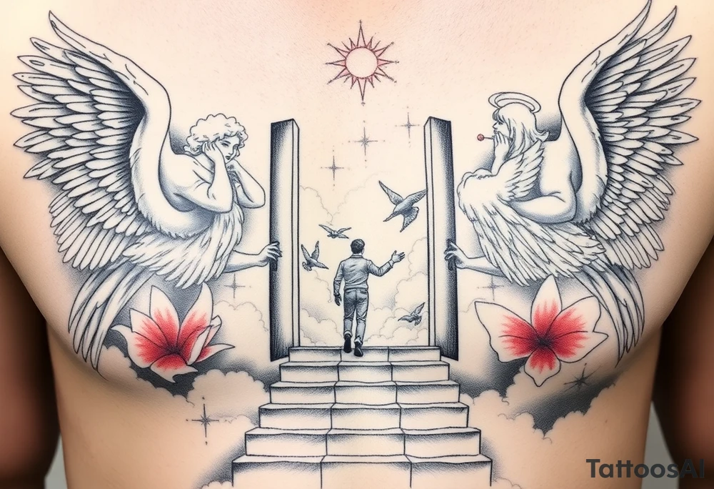 Too s drunk maleangels holding open the gates of heaven with the male figure walking up the steps.Saying fly high baby boy Realistic angels With clouds in the background and I won't text that I fly hi.Gh baby boy chess fully covered tattoo idea