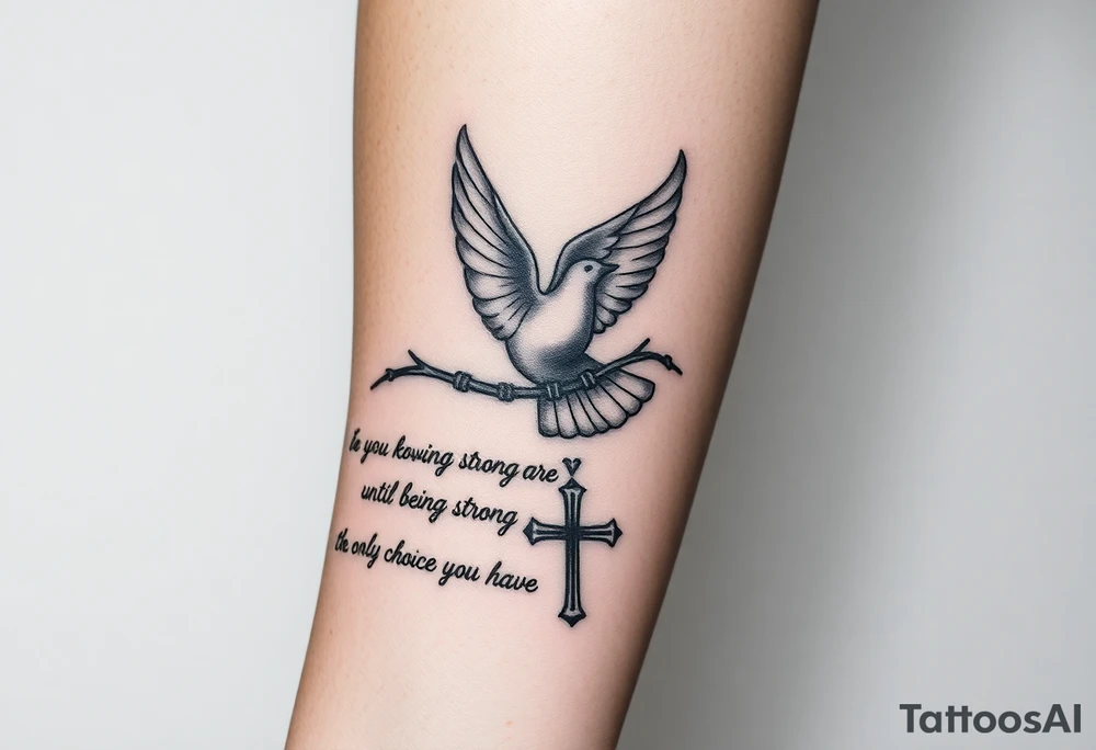 i have a front arm tat with a small dove at the front of the above the wrist and thorns covering through the wrist like a bracelet and prayer beads all throughout the words that say you never know how strong you are until being strong is the only choice you have and a cross on the side of the dove and theres also a dove rat the baxck of thee arm right near the elbow a bigger dove and theres a biggert cross right by that dover too make a tatoo of that and the cross isnt normal its super unique looking and has that cool look too it and detailed tattoo idea