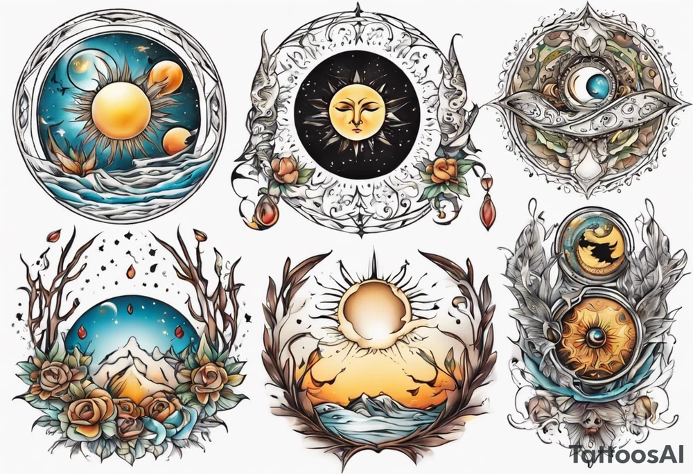Mond und Sonne mit Eule und Wassermann tattoo idea