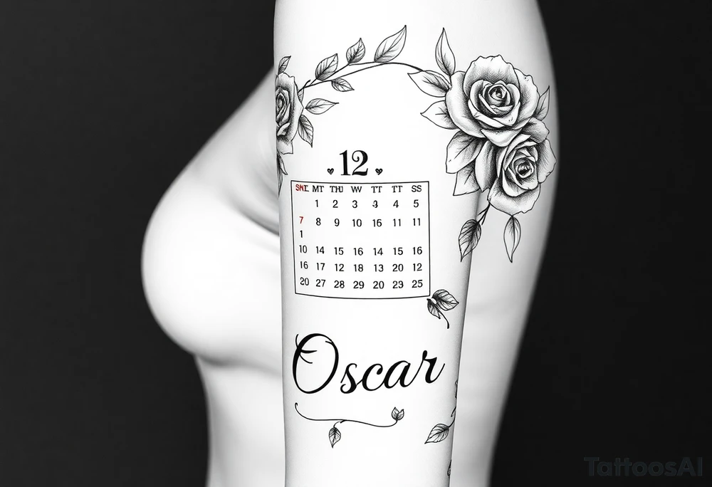 A Calendar showing 12th April with roses and the name oscar tattoo idea