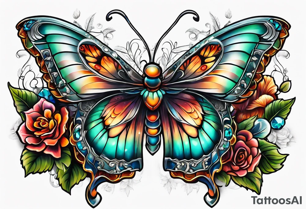 Flower chest piece, 
crystals, moth tattoo idea
