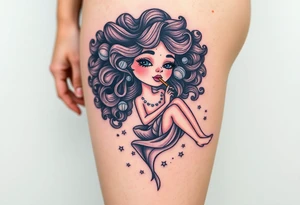 Curly haired Woman smoking while floating in outer space tattoo idea