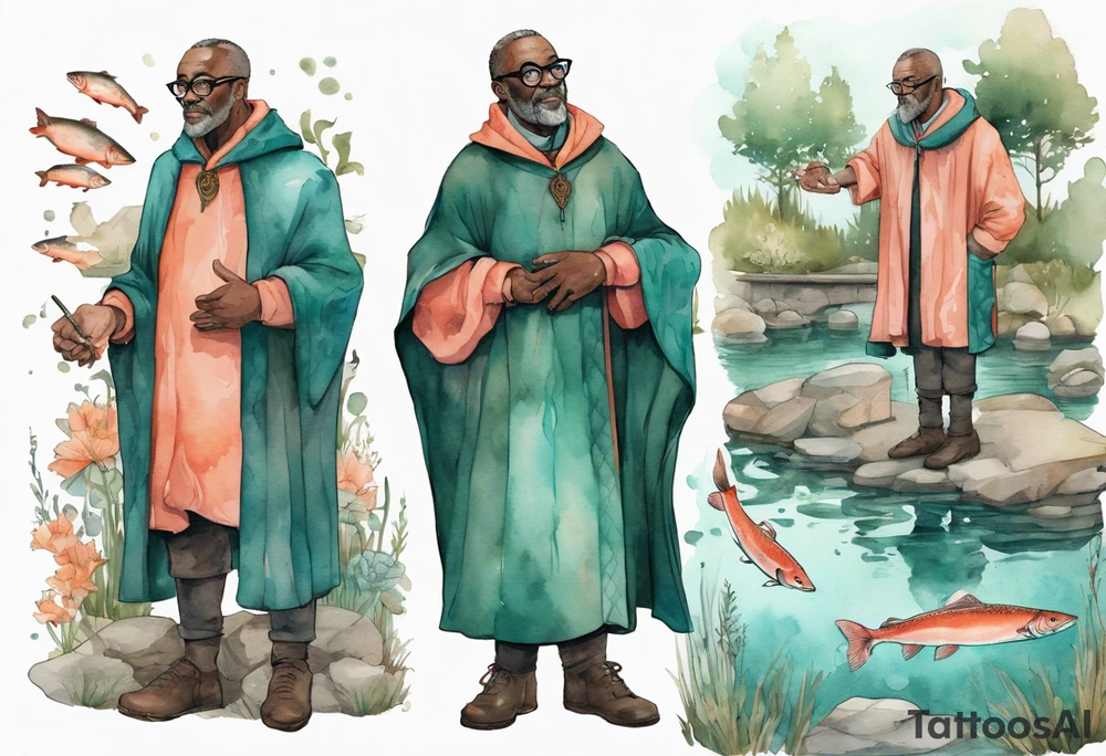 a 50-year-old medieval black man wearing salmon and teal cloak and round glasses standing by a pond with a salmon in it tattoo idea