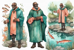 a 50-year-old medieval black man wearing salmon and teal cloak and round glasses standing by a pond with a salmon in it tattoo idea