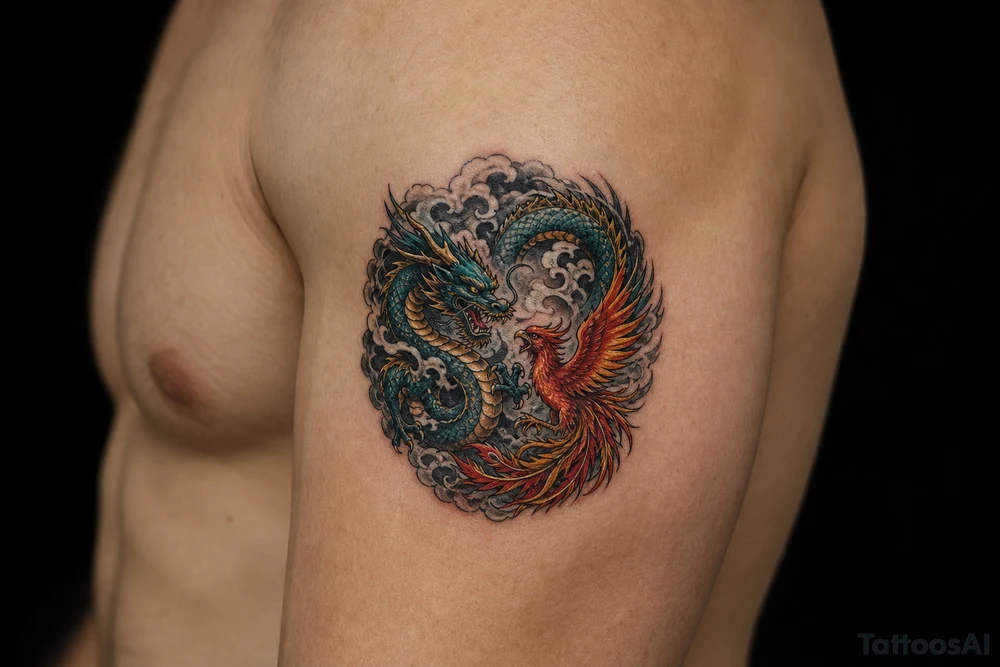 Japanese dragon and phoenix battling amidst dark storm clouds. tattoo idea