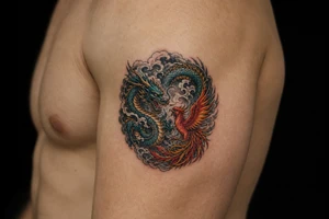 Japanese dragon and phoenix battling amidst dark storm clouds. tattoo idea