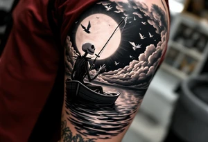 jack skellington in sun spotlight fishing in boat, on calm river, smoking cigar, big clouds, waving at angels in sky. tattoo idea