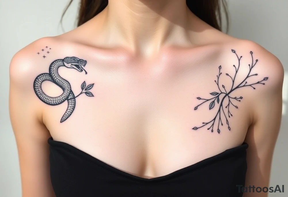 "Design a symbolic, artistic black-ink chest tattoo that spans both collarbones. On the left collarbone, depict a snake gracefully wrapped and coiled around the bone, its head resting near the center of the chest. From the snake’s mouth, instead of venom, delicate leaves are flowing outward — symbolizing letting go, surrender, and release. In the center of the chest, where the sternum lies, include subtle symbolic elements representing trust in the universe — like stars, a tiny spiral, or a soft sunburst — signifying alignment and faith. On the right collarbone, continue the story: flowing lines or abstract shapes that radiate resilience, strength, and hope — suggesting a journey or upward growth, like branches or a phoenix rising. The style should be elegant, fine-line, and minimalistic, yet deeply artistic and symbolic. The design should blend with the natural shape of the collarbones and sternum, evoking quiet power and inner transformation. Light skin tone, soft natural lighting." tattoo idea