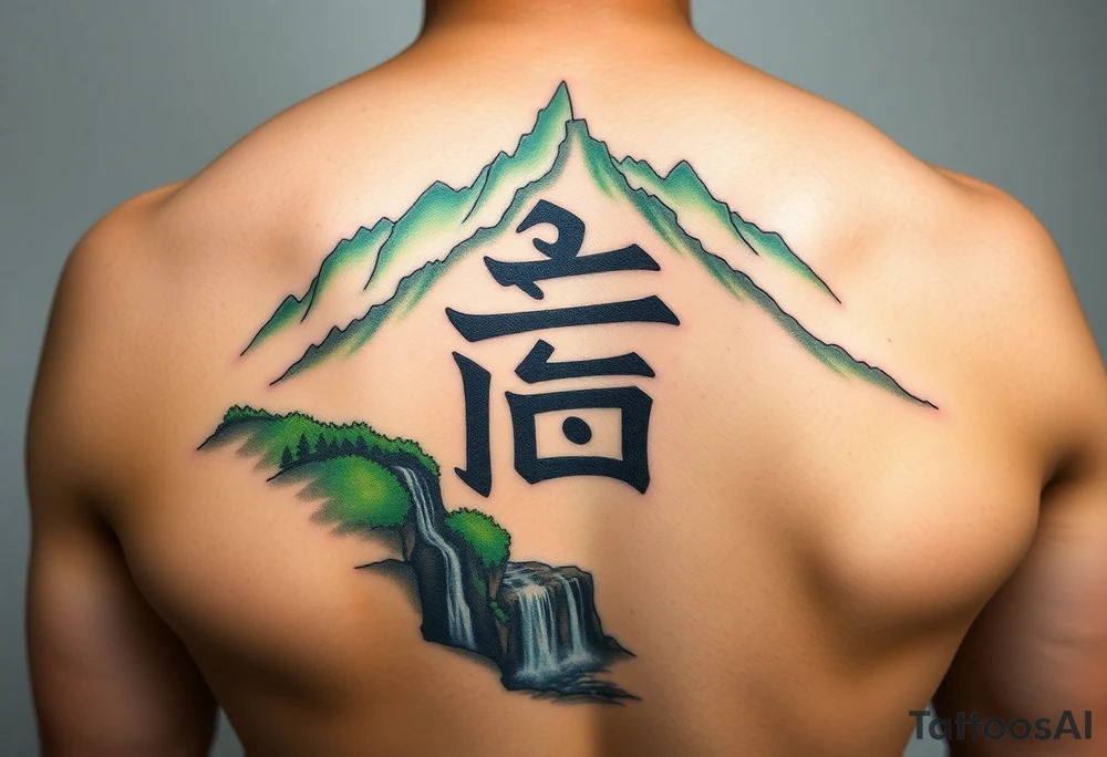 I need to import a photograph as the focal point of the tattoo. The Burmese word သား Inside of a photo the subject of the photo.  The photo surrounded by a colorful green mountainside with a waterfall tattoo idea