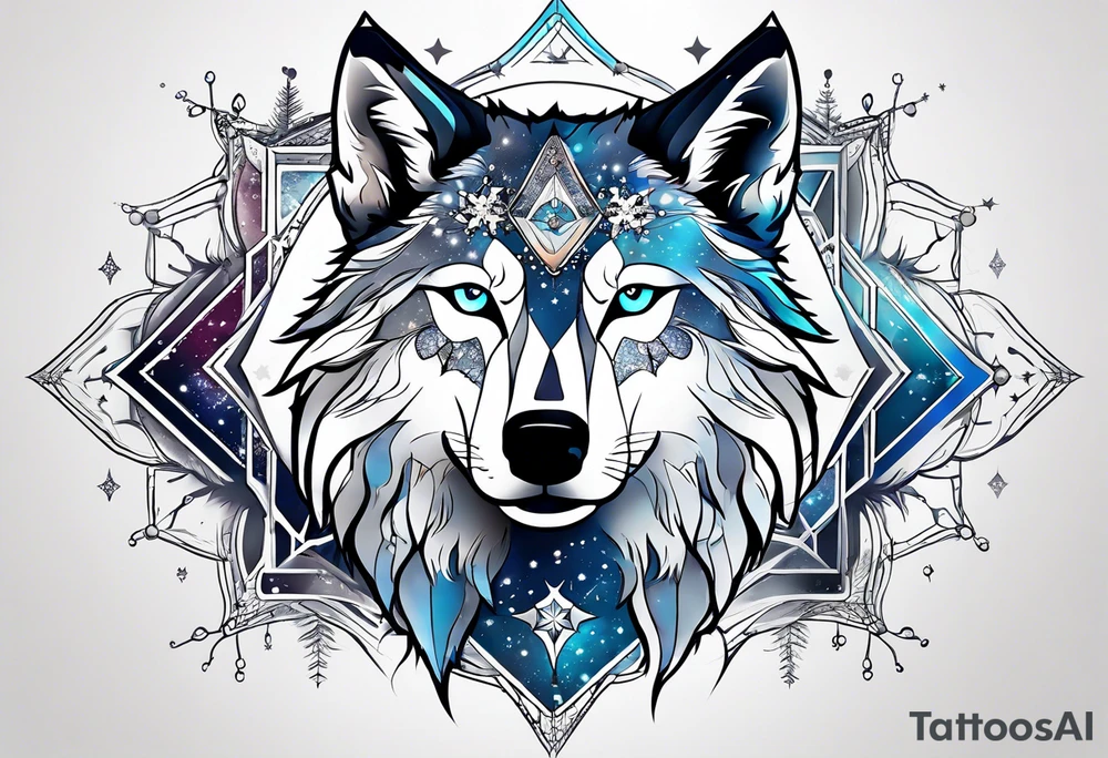 Constellation, two animal wolf, snowflake tattoo idea