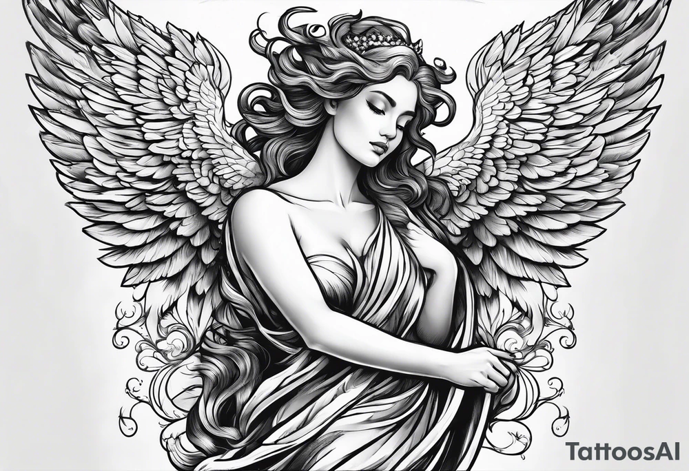 black angel with clouds in the background tattoo idea