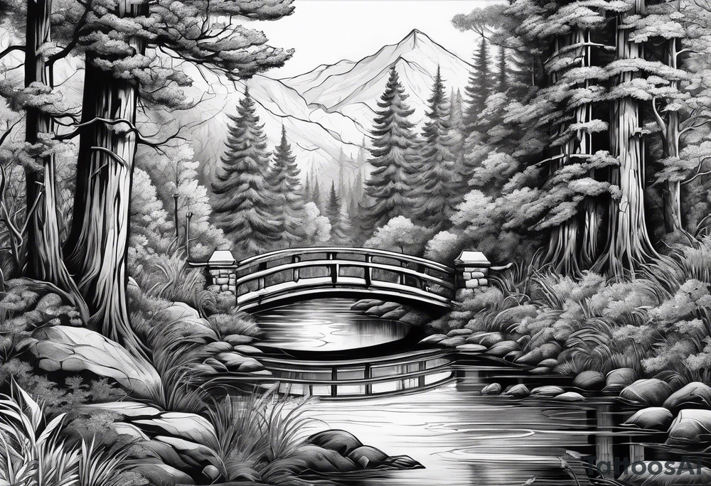 Forest with a creek and bridge tattoo idea