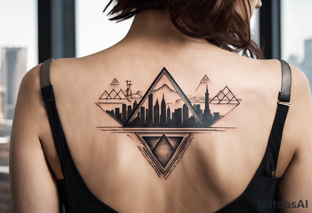 Create a visually dynamic tattoo that seamlessly blends the timeless elegance of the three Pyramids of Giza with the modern allure of the Manhattan skyline. Envision the pyramids standing majestically, perhaps incorporating subtle Egyptian motifs like hieroglyphs or an ankh, transitioning smoothly into the iconic structures of New York, such as the Empire State Building and One World Trade Center. tattoo idea