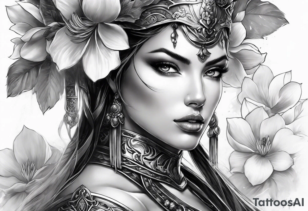 female warrior face with magnolias tattoo idea
