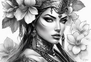 female warrior face with magnolias tattoo idea