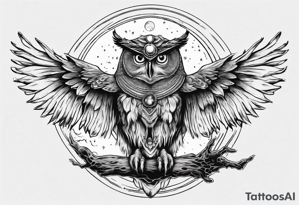 Wise Crowned Owl with the third eye flying towards the Dark Moon. tattoo idea